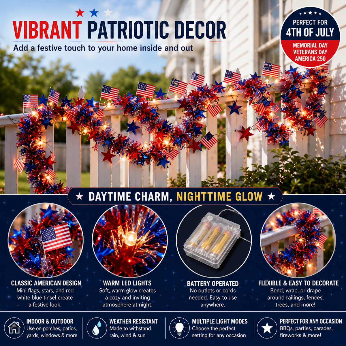 🎉American Flag & Star Red White Blue Fairy Lights