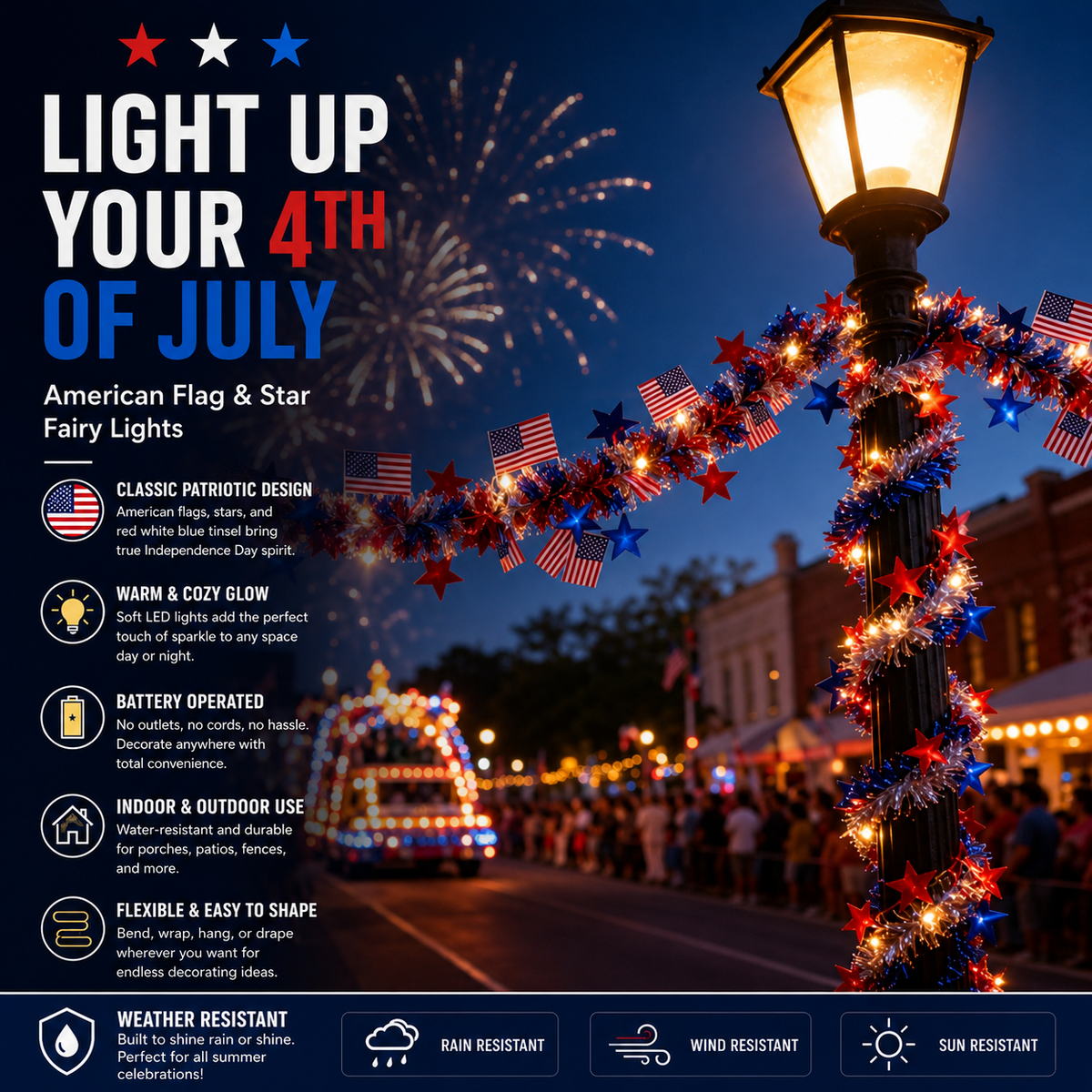 🎉American Flag & Star Red White Blue Fairy Lights