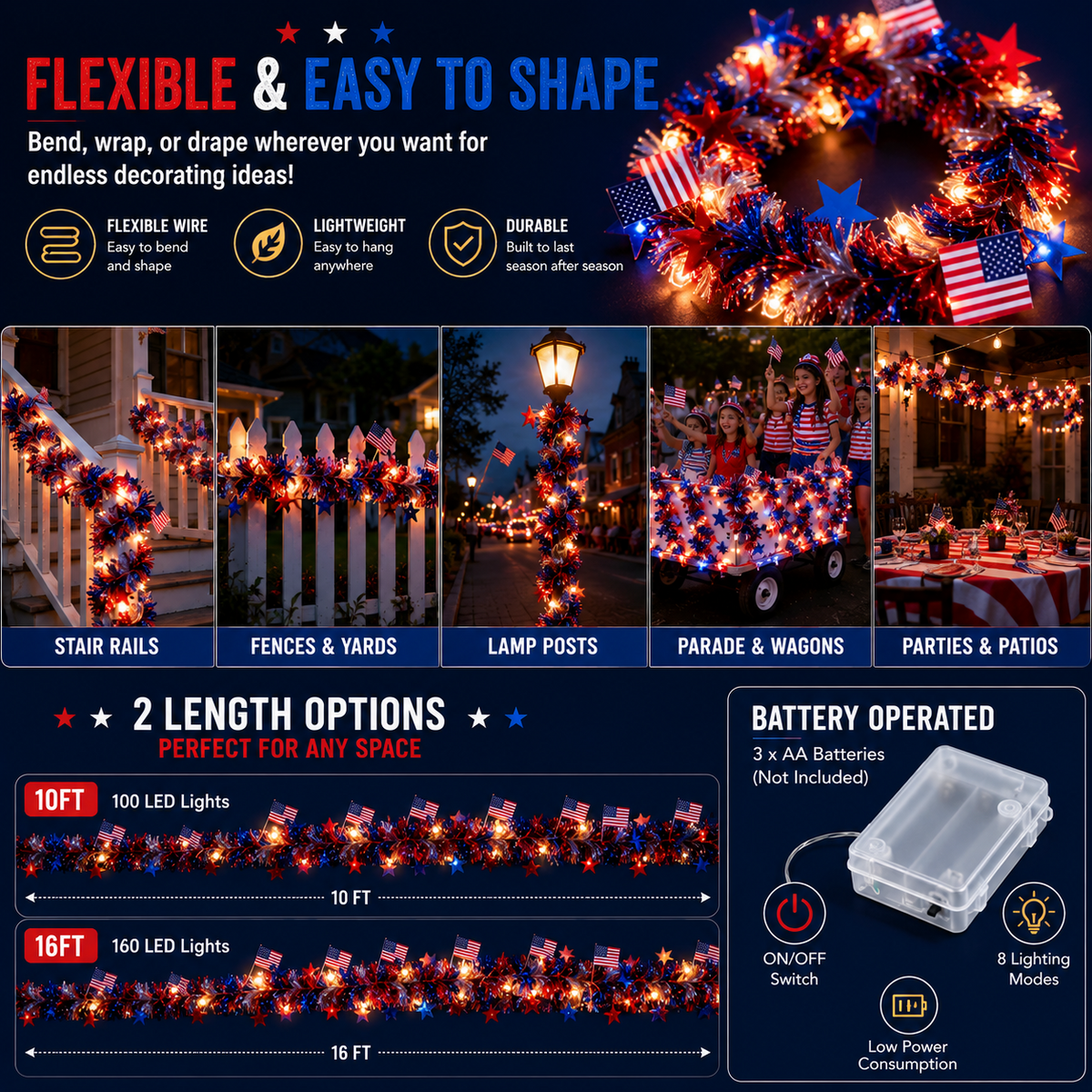 🎉American Flag & Star Red White Blue Fairy Lights