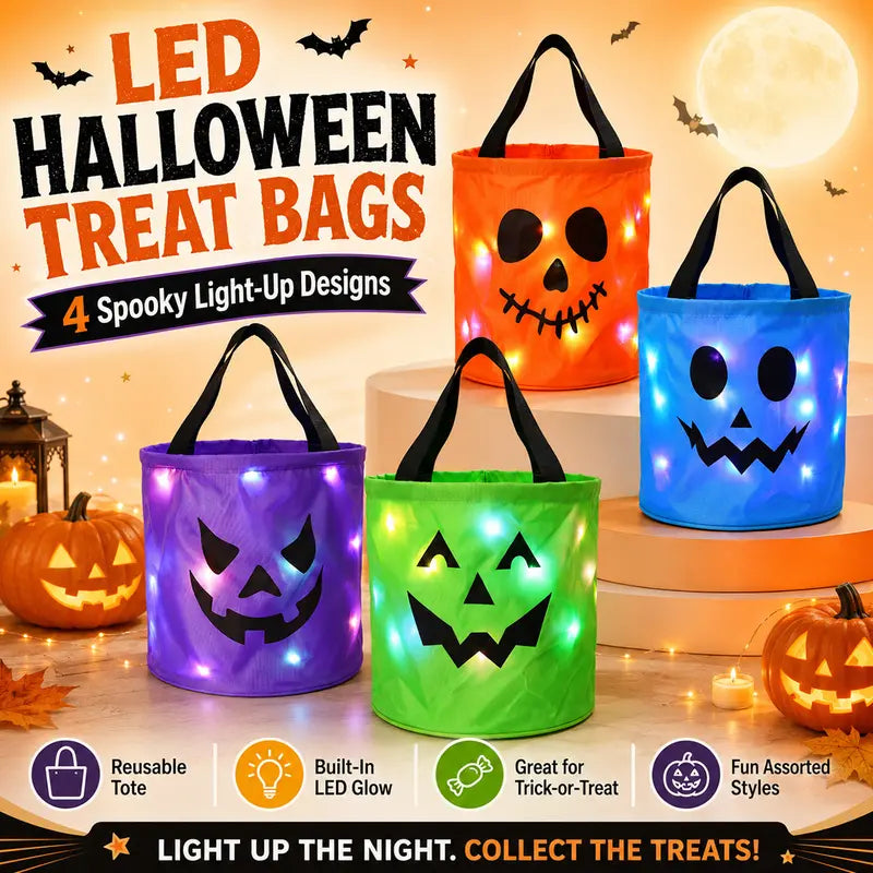 4 Pcs Halloween Candy Bucket with LED Lights