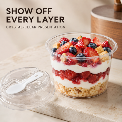 20/50 Sets Round Transparent Plastic Lidded Packaging Boxes with Spoons, Ideal for Cookies, Fruit Ice Cream, Mousse Cake and Yogurt Cups