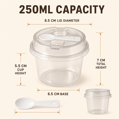 20/50 Sets Round Transparent Plastic Lidded Packaging Boxes with Spoons, Ideal for Cookies, Fruit Ice Cream, Mousse Cake and Yogurt Cups