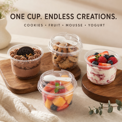 20/50 Sets Round Transparent Plastic Lidded Packaging Boxes with Spoons, Ideal for Cookies, Fruit Ice Cream, Mousse Cake and Yogurt Cups