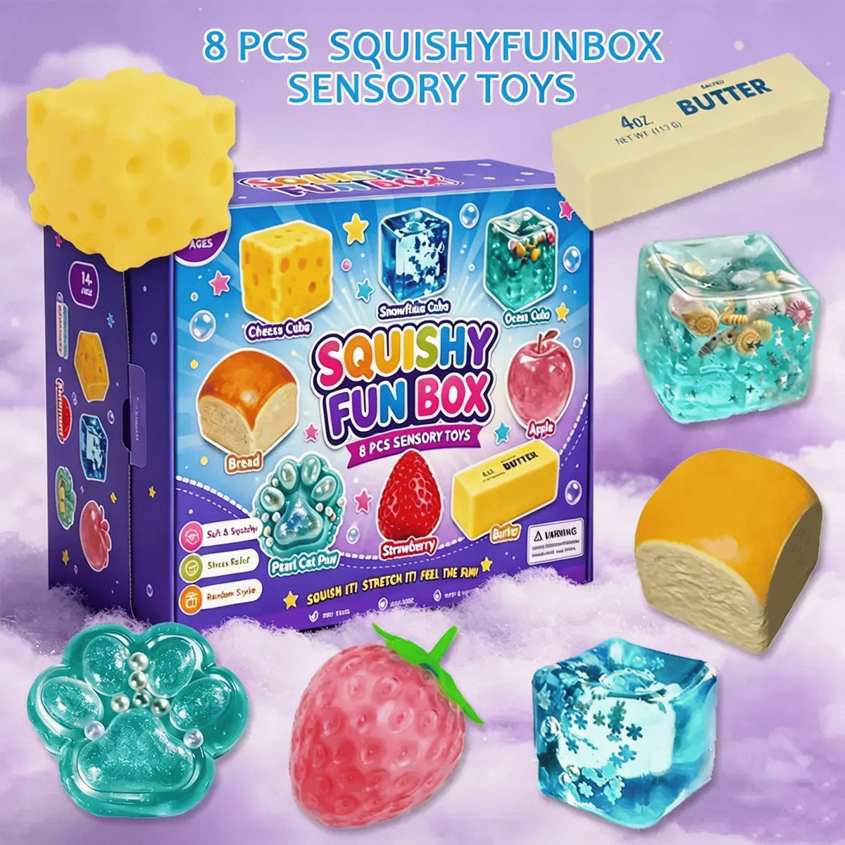 🧈8-Piece Set Mystery Squishy Box Malt Sugar Stress Relief Fidget Toys