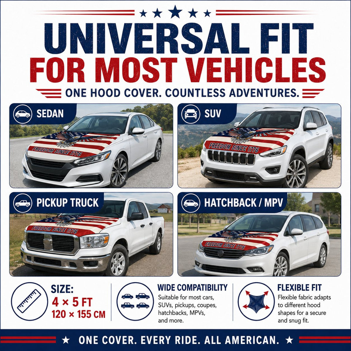 🇺🇸 Universal American Hood Flag Cover 🔥 Fits Most Cars, SUVs & Pickups🦅[Buy 2 Free Shipping]