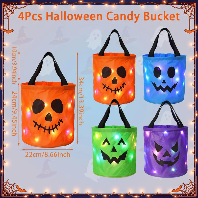 4 Pcs Halloween Candy Bucket with LED Lights